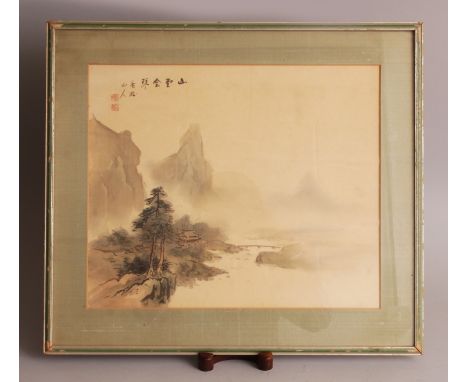 A 20TH CENTURY FRAMED CHINESE PAINTING ON SILK, decorated with calligraphy and a river landscape setting, the frame 21.25in x