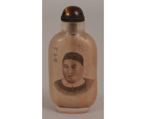 A CHINESE INTERIOR DECORATED GLASS SNUFF BOTTLE & STOPPER, decorated with calligraphy and a portrait of a historical personag