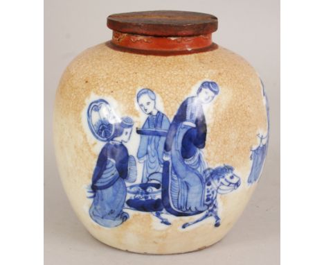 A SMALL CHINESE BLUE & WHITE PORCELAIN JAR, with a ceramic cover, painted in slightly raised underglaze-blue relief with a ho