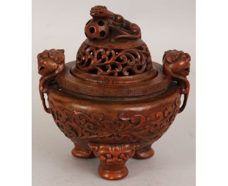 A CHINESE BAMBOO STYLE TRIPOD CENSER & COVER, the sides decorated with a band of scrolling lotus, 5.4in wide at widest point 