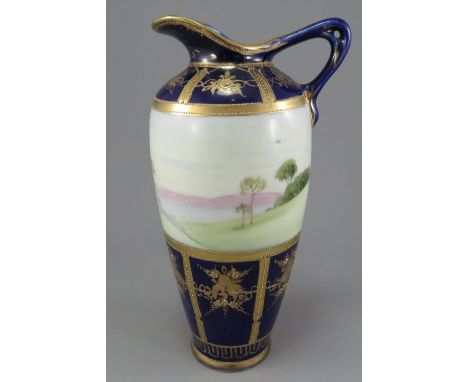 A late nineteenth century Japanese Noritake porcelain hand-painted scenic jug, c. 1880. It is painted with a landscape scene 