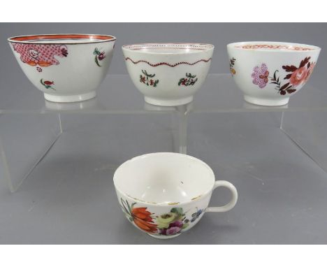 A group of early nineteenth hand-painted porcelain teabowls in the Newhall style and a cup, c. 1810-30. 8 - 9 cm wide. (4)Con