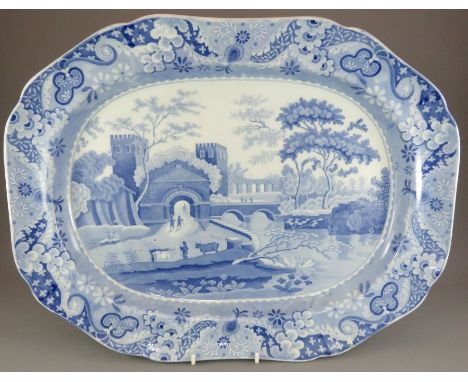 An early nineteenth century blue and white transfer-printed Spode Castle pattern large platter c. 1825. It is marked to the u