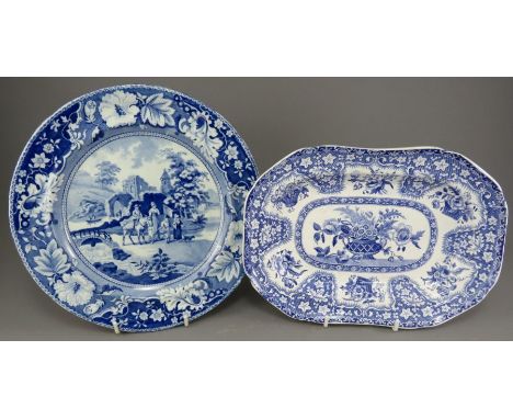 An early nineteenth century blue and white transfer-printed Spode Filigree pattern small-size platter and a Family and Mule p