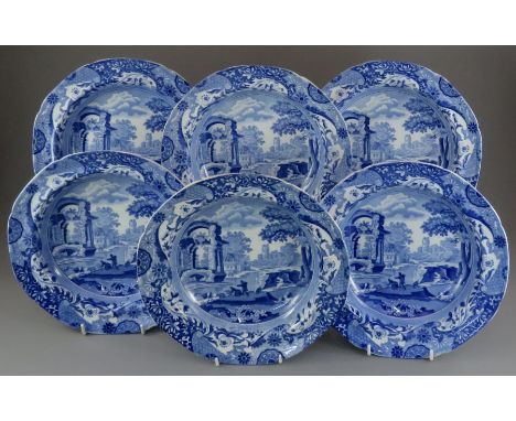 A set of six early nineteenth century blue and white transfer-printed Spode Italian soup dishes, c. 1825. They are all marked