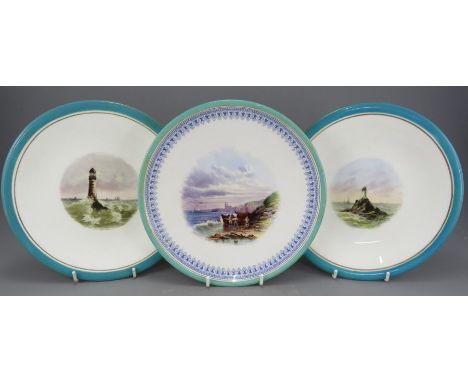 A group of three late nineteenth century porcelain hand-painted Brownfield coastal scene plates, c. 1870. One has a transfer-