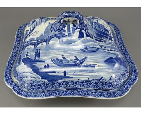 An early nineteenth century blue and white transfer-printed Spode Tiber pattern vegetable tureen and cover, c. 1820. It is ma