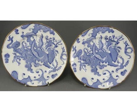 A pair of early twentieth century blue and white transfer-printed Royal Worcester Dragon pattern porcelain plates, c. 1930. B