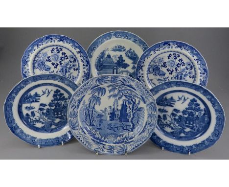 A group of early nineteenth century blue and white transfer-printed Chinoiserie plates, c. 1800-10. To include two Spode Gras