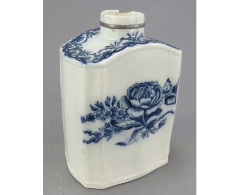 A late eighteenth century blue and white transfer-printed silver-shape tea caddy, c. 1790. It is decorated with floral specim