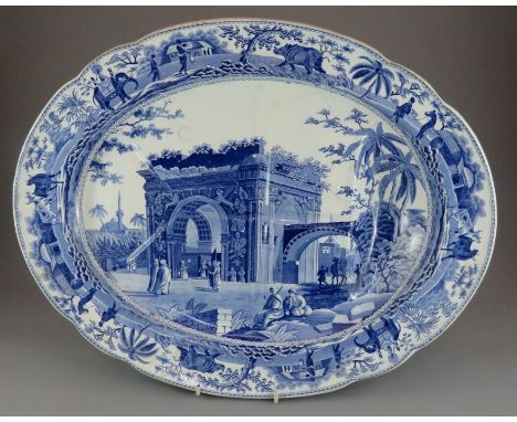 An early nineteenth century blue and white transfer-printed Spode Caramanian series platter, c. 1810. It is printed with a vi