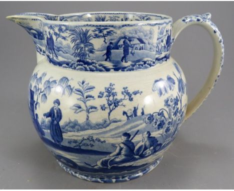 An early nineteenth century blue and white transfer-printed Spode Caramanian series large Dutch-shaped jug, c. 1810. It is ma