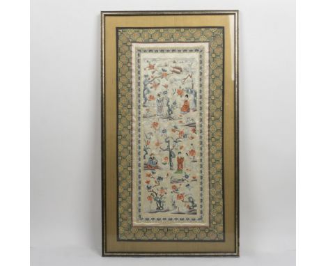 Original Chinese silk embroidery tapestry featuring a noble woman and consort in a garden filled with cherry blossoms, butter