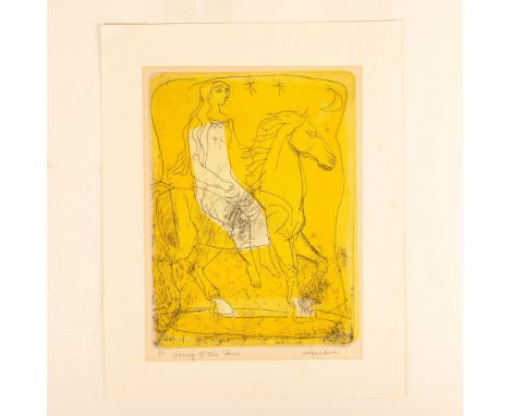 Original color etching on paper entitled Going to the Fair that American artist Irving Amen made with expressive black lines 