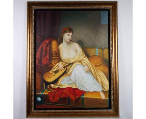 This imposing Orientalist oil on canvas of an Odalisque with Lute is by American artist Eggleston who paints with shimmering 