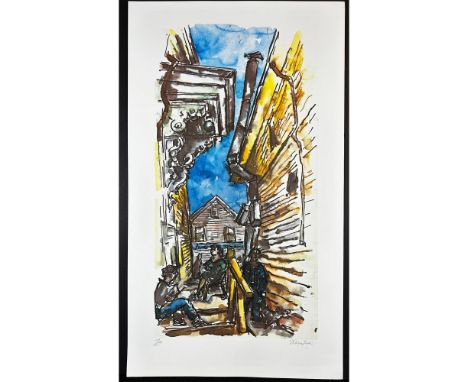 Lithograph titled New England Street Scene Signed bottom right numbered 39/250. Sight size 17" x 29.5"