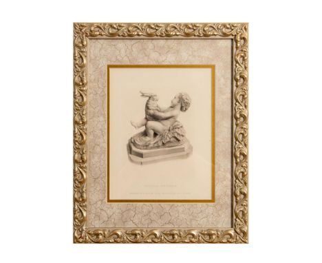 Engraving of a naked "putto" child playing with his pet rabbit. Based on a sculpture by George Burnard exhibited at the Royal
