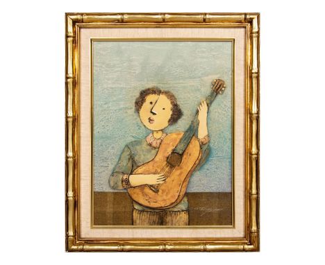 Original acrylic on canvas painting by British artist Joyce Roybal of a young person playing a guitar while standing. Roybal 
