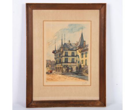 Antique original color etching on paper by French artist Germaine Tailleur entitled Square in Bruges, Belgium. She depicts th