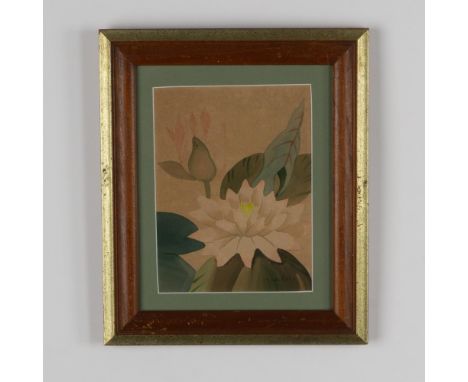 Original watercolor on brown paper by French Art Deco artist Georges Le Duc who depicts a close-up view of two lotus flowers 