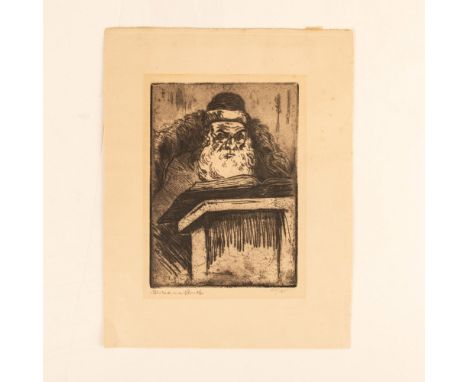 Original etching on paper by German-Israeli artist Hermann Struck who depicts a Jewish scholar engrossed in reading the Torah