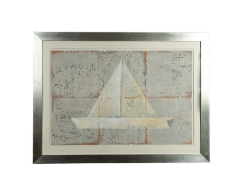 This large original mixed media artwork is made of six light grey textured corkboards on which the artist painted a white and