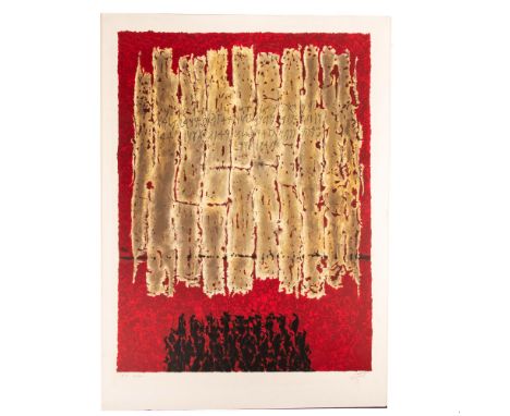 Scrolls is a rarely offered large original color lithograph by Israeli artist Moshe Castel who used gold, marbleized deep red