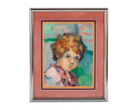 Original pastel on brown paper entitle Bebe by American artist Edna Gass who portrayed a young child in brown, pink and green