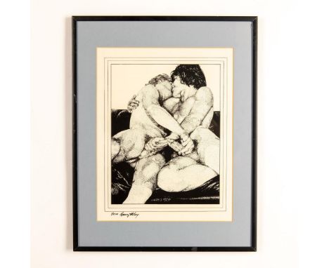 Limited edition black and white print on paper after an original photograph of two handsome nude males ejaculating on a sofa.