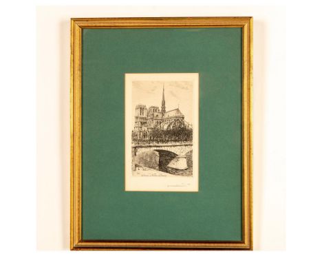 Antique original etching on paper entitled Paris-Notre Dame by French artist Leopold Robin who represents the back view of th