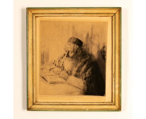 Rabbinical Scholar is an original etching on beige paper by Realist artist Samuel George Cahan who represents an intimate vie