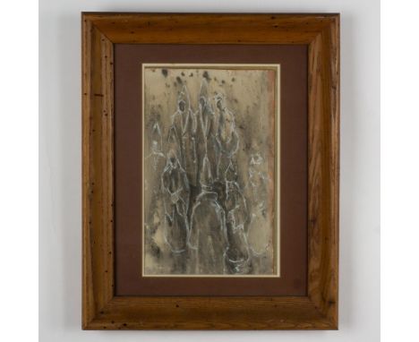 Original abstracted composition in pastel and ink washes on board of a procession where participants wear capirote-like conic