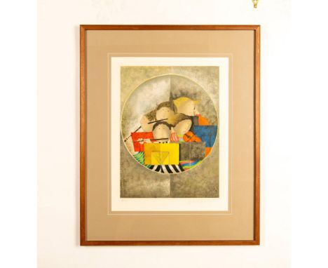 Original color lithograph on wove paper entitled Serenade by artist Graciela Rodo Boulanger who depicts a group of stylized c