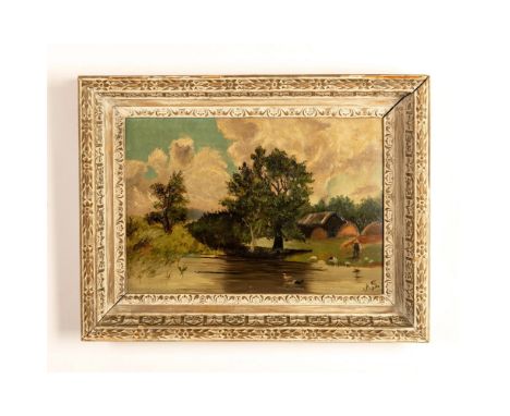 This original oil on board features a picturesque landscape where a farmhouse and haystacks are partially hidden by trees gro