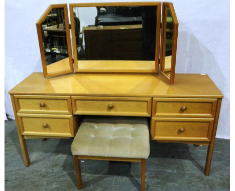 A G Plan teak dressing table with triple mirror and stool, 150 x 46 x 126 cm H. Not available for in-house P&amp;P 