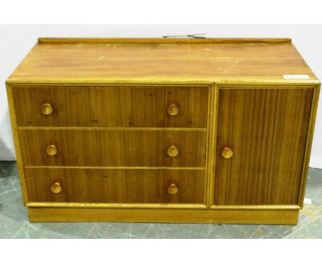 Meredew mid 20th century bedroom dresser, asymmetric of three drawers and cupboard door, top worn, no mirror, 115 x 47 x 68 c