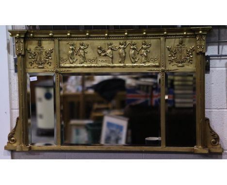 A 19th century style gilt over mantel triptych mirror with a classically carved pediment, overall 110 x 68 cm. Not available 