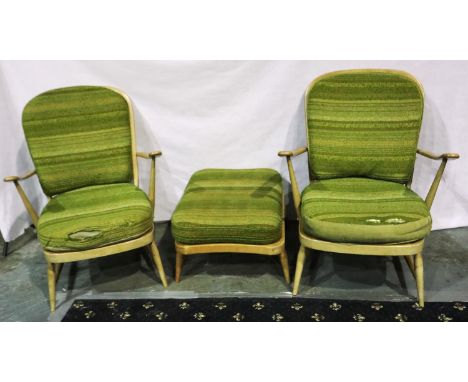 A pair of Ercol light elm lounge chairs with matching footstool, each with period cushion covers (3) frames in good order, co