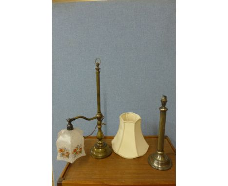 A brass Doric column table lamp and one other table lamp with sliding arm and glass shade