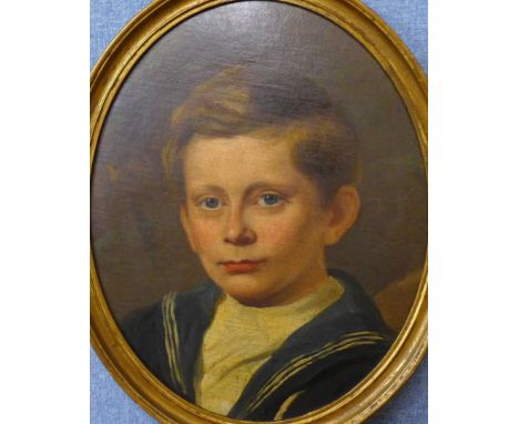 English School (early 20th Century0, oval portrait of a boy in navy outfit, oil on canvas, 38 x 30cms, framed