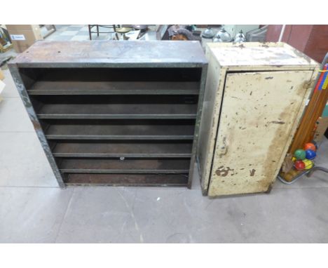 An industrial retail cabinet and an industrial six tier shelf unit