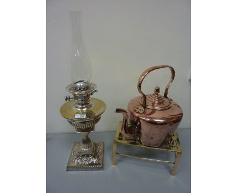 Evered & Co. silver-plated oil lamp H37.5cm (excluding height of chimney) Victorian copper kettle and a brass trivet 