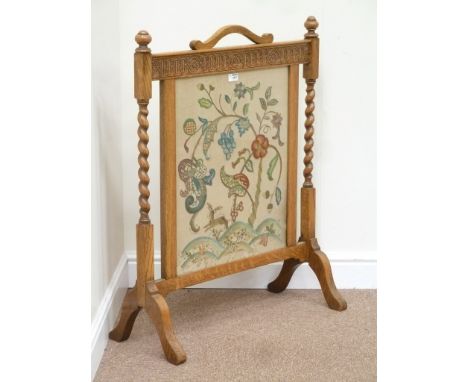 Light oak barley twist firescreen with inset needle work panel, W71cm