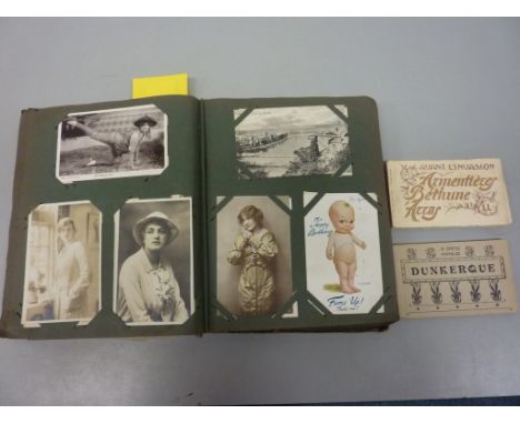 Early 20th century postcard album and contents, and two small postcard booklets 'Dunkerque' and 'Avant L'Invasion Armentières