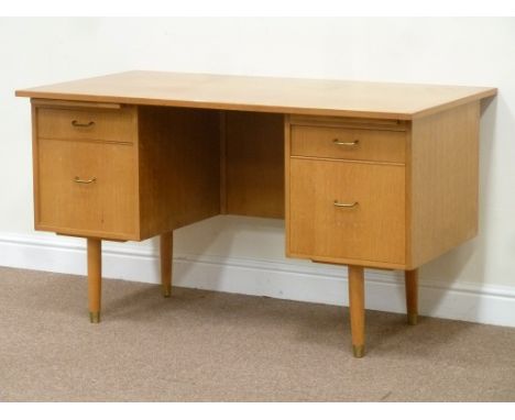 Morris of Glasgow oak vintage retro knee-hole desk fitted with four drawers, W130cm, H74cm, D69cm