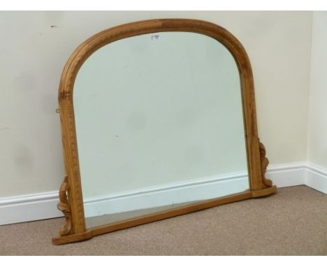 Pine arch top overmantle mirror, carved detail, 131cm x 91cm