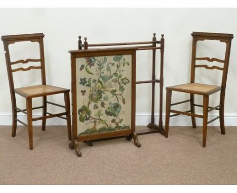 Pair 20th century cane seat bedroom chairs, oak framed fire screen and an Edwardian towel rail