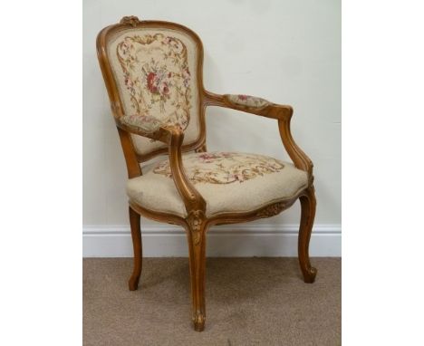 French style beech framed armchair upholstered in tapestry cover