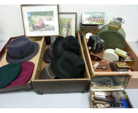 Vintage tins, Brownie Twin 20 camera, Six-20 'Brownie' D camera, bagatelle board and other ephemera in one box and a suitcase