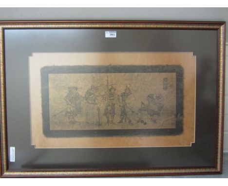 Oriental print and a framed embroidered silk cushion